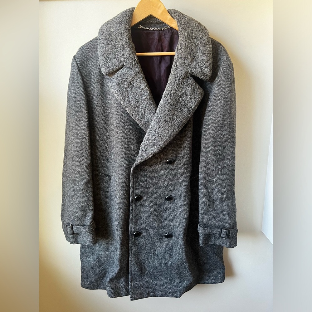 CASUALCRAFT Vintage Wool Blend Herringbone Faux Fur Coat Double Breasted 40 R‎